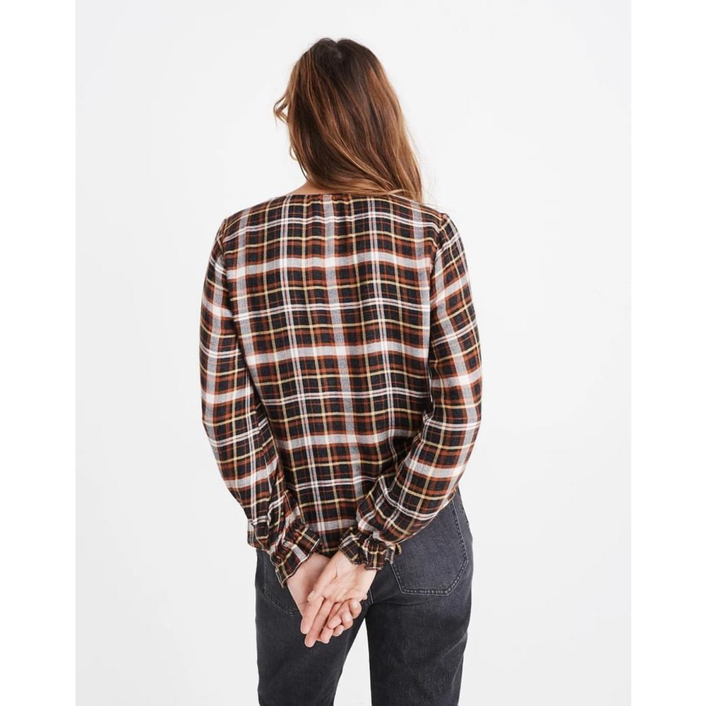 Madewell Ruffle Cuff Plaid Button Blouse Brown Rust Black Size M - Picture 4 of 9